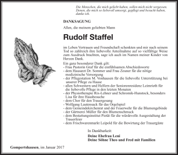 Traueranzeige von Rudolf Staffel von Südthüringer Presse