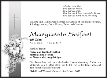 Traueranzeige von Margarete Seifert von Südthüringer Presse