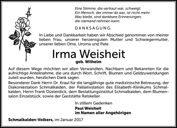 Traueranzeige von Irma Weisheit von Südthüringer Presse