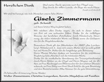 Traueranzeige von Gisela Zimmermann von Südthüringer Presse