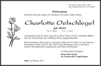 Traueranzeige von Charlotte Oelschlegel von Südthüringer Presse