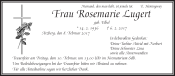 Traueranzeige von Rosemarie Lugert von Frankenpost