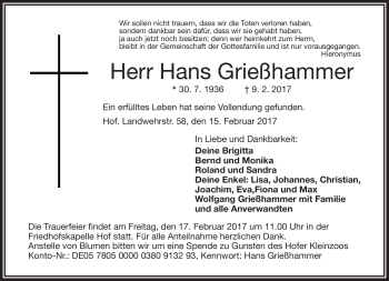 Traueranzeige von Hans Grießhammer von Frankenpost
