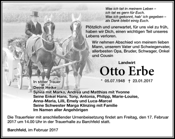 Traueranzeige von Otto Erbe von Südthüringer Presse