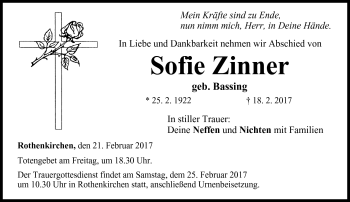 Traueranzeige von Sofie Zinner von Neue Presse Coburg