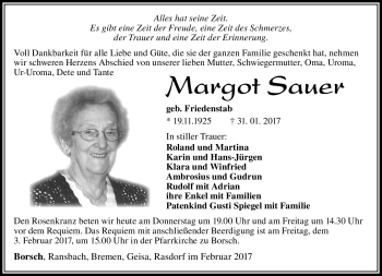 Traueranzeige von Margot Sauer von Südthüringer Presse