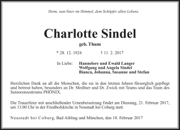 Traueranzeige von Charlotte Sindel von Neue Presse Coburg
