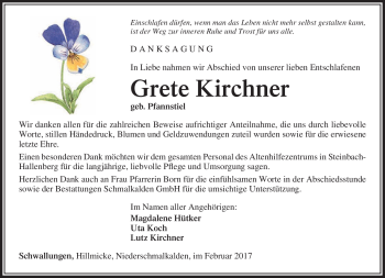 Traueranzeige von Grete Kirchner von Südthüringer Presse