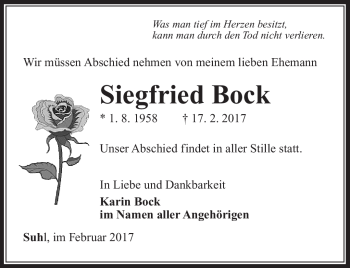 Traueranzeige von Siegfried Bock von Südthüringer Presse