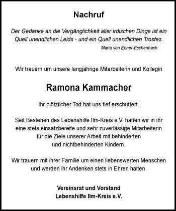 Traueranzeige von Ramona Kammacher von Südthüringer Presse