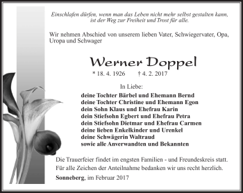 Traueranzeige von Werner Doppel von Südthüringer Presse