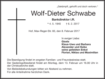 Traueranzeige von Wolf-Dieter Schwabe von Frankenpost
