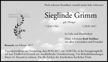 Traueranzeige von Sieglinde Grimm von Neue Presse Coburg