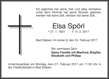 Traueranzeige von Elsa Spörl von Frankenpost