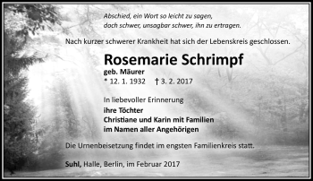 Traueranzeige von Rosemarie Schrimpf von Südthüringer Presse