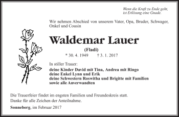 Traueranzeige von Waldemar Lauer von Südthüringer Presse