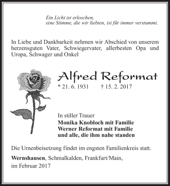 Traueranzeige von Alfred Reformat von Südthüringer Presse