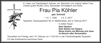 Traueranzeige von Pia Köhler von Frankenpost