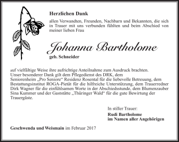 Traueranzeige von Johanna Bartholome von Südthüringer Presse