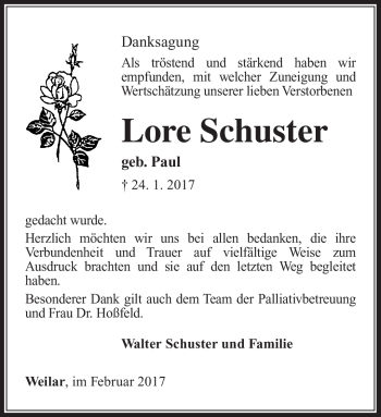 Traueranzeige von Lore Schuster von Südthüringer Presse