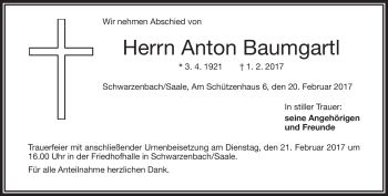Traueranzeige von Anton Baumgartl von Frankenpost