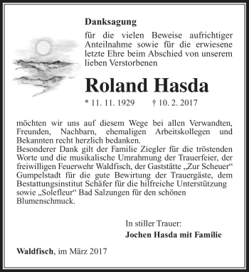 Traueranzeige von Roland Hasda von Südthüringer Presse