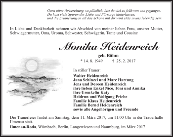 Traueranzeige von Monika Heidenreich von Südthüringer Presse