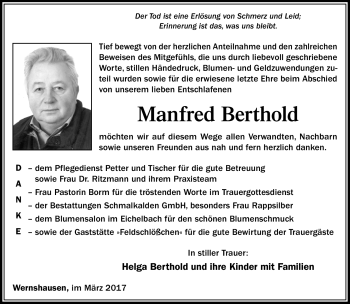 Traueranzeige von Manfred Berthold von Südthüringer Presse