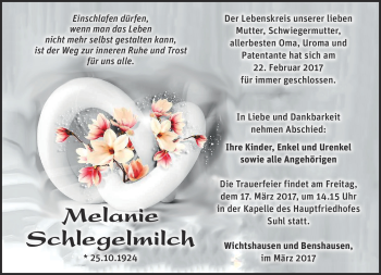 Traueranzeige von Melanie Schlegelmilch von Südthüringer Presse