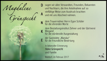 Traueranzeige von Magdalene Grünspecht von Südthüringer Presse