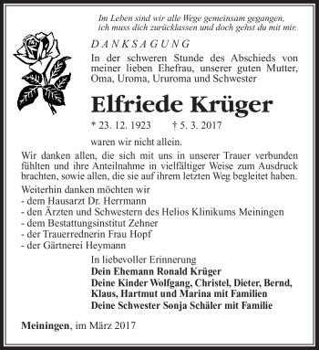 Traueranzeige von Elfriede Krüger von Südthüringer Presse