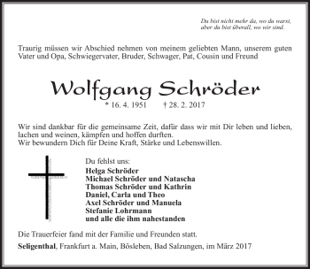 Traueranzeige von Wolfgang Schröder von Südthüringer Presse
