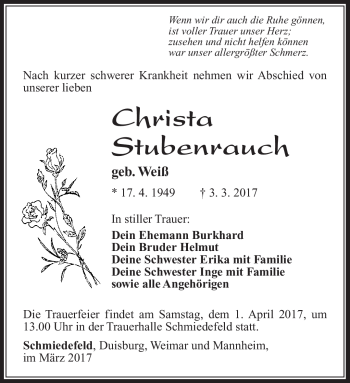 Traueranzeige von Christa Stubenrauch von Südthüringer Presse