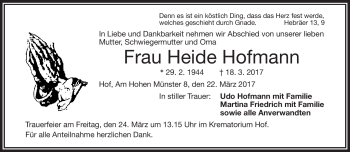 Traueranzeige von Heide Hofmann von Frankenpost