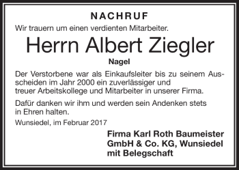 Traueranzeige von Albert Ziegler von Frankenpost