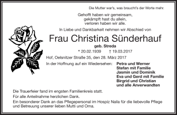 Traueranzeige von Christina Sünderhauf von Frankenpost