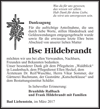 Traueranzeige von Ilse Hildebrandt von Südthüringer Presse