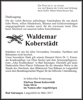 Traueranzeige von Waldemar Koberstädt von Südthüringer Presse