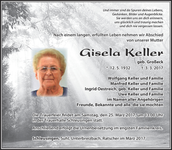 Traueranzeige von Gisela Gertrud Hedwig Keller von Südthüringer Presse