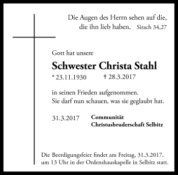 Traueranzeige von Christa Stahl von Frankenpost