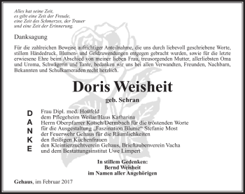 Traueranzeige von Doris Weisheit von Südthüringer Presse