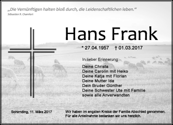 Traueranzeige von Hans Frank von Frankenpost