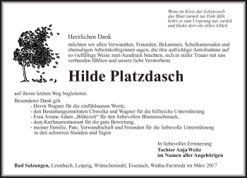 Traueranzeige von Hilde Platzsch von Südthüringer Presse