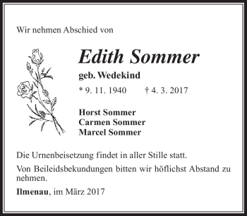 Traueranzeige von Edith Sommer von Südthüringer Presse