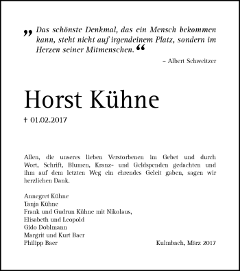 Traueranzeige von Horst Kühne von Frankenpost