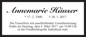 Traueranzeige von Annemarie Häuser von Südthüringer Presse
