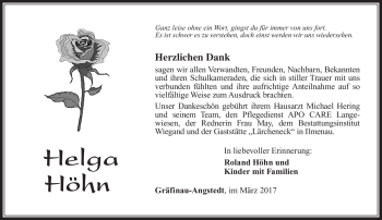 Traueranzeige von Helga Höhn von Südthüringer Presse