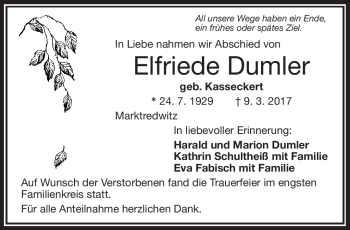 Traueranzeige von Elfriede Dumler von Frankenpost