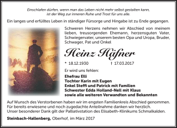 Traueranzeige von Heinz Häfner von Südthüringer Presse