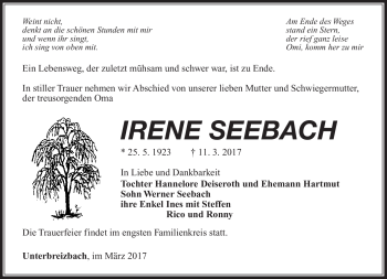 Traueranzeige von Irene Seebach von Südthüringer Presse